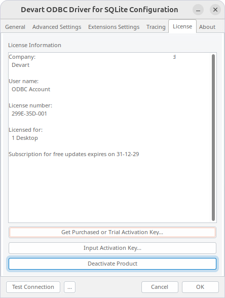 Deactivate Product button highlighted on the License tab in the diver configuration dialog