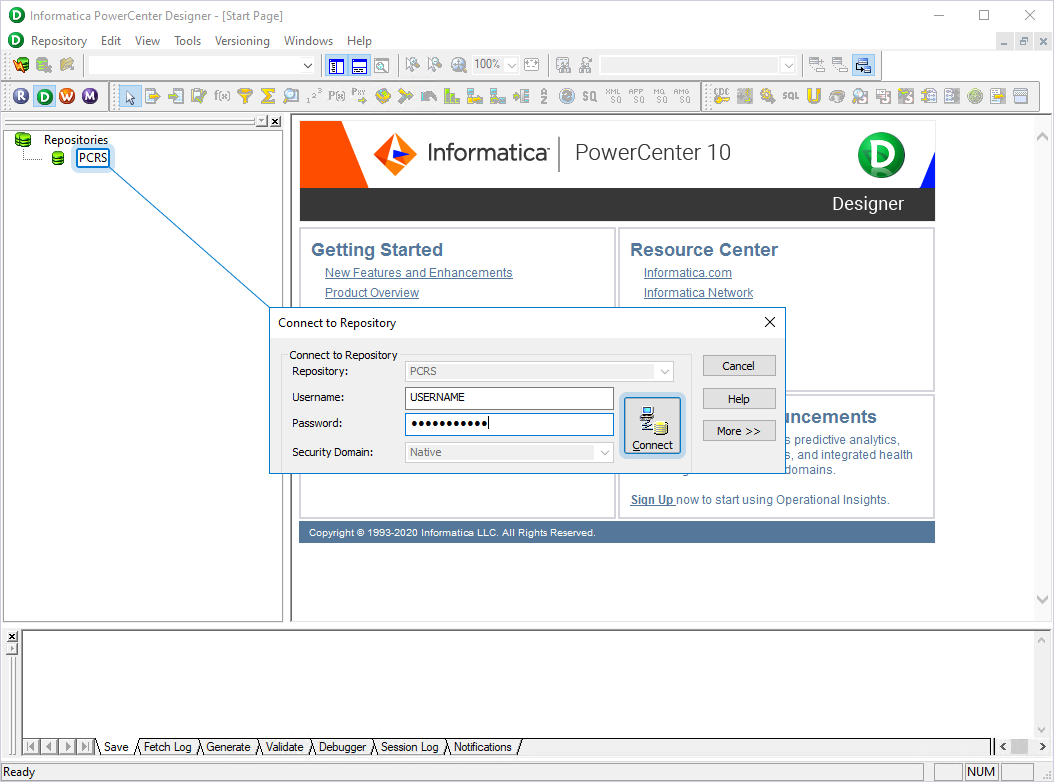 The Connect to Repository dialog in PowerCenter Designer.