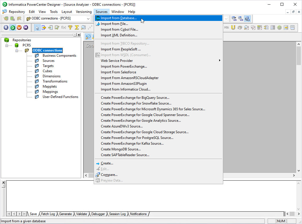 The expanded Sources menu in PowerCenter Designer.