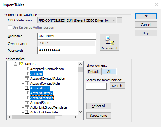 The Import Tables dialog with selected tables.