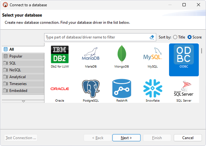 Select your databaase page of the Connect to a database dialog