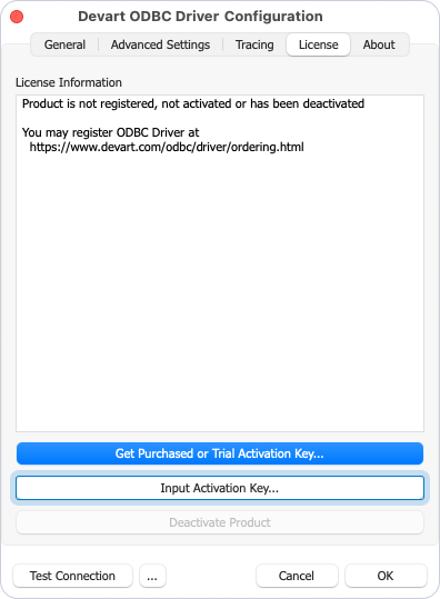 Input Activation Key button highlighted on the License tab in the driver configuration dialog