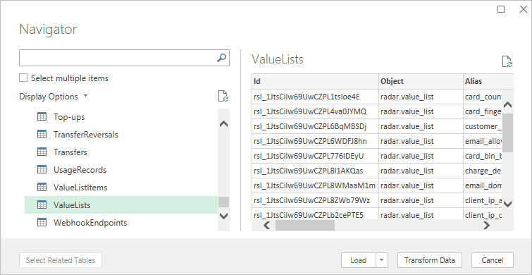 List of tables from ODBC data source