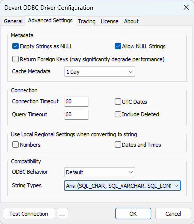 Select Ansi in Advanced Settings of the driver configuration dialog