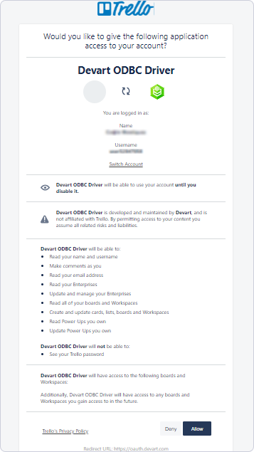 Allow accessing your Trello acoount