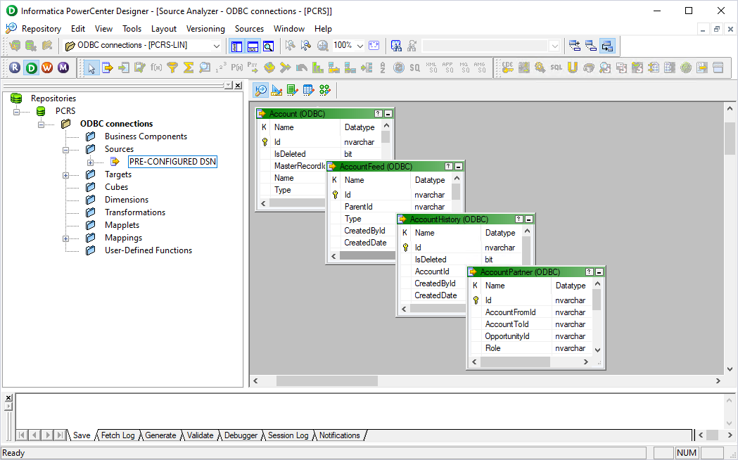 The new source and imported tables in PowerCenter Designer.