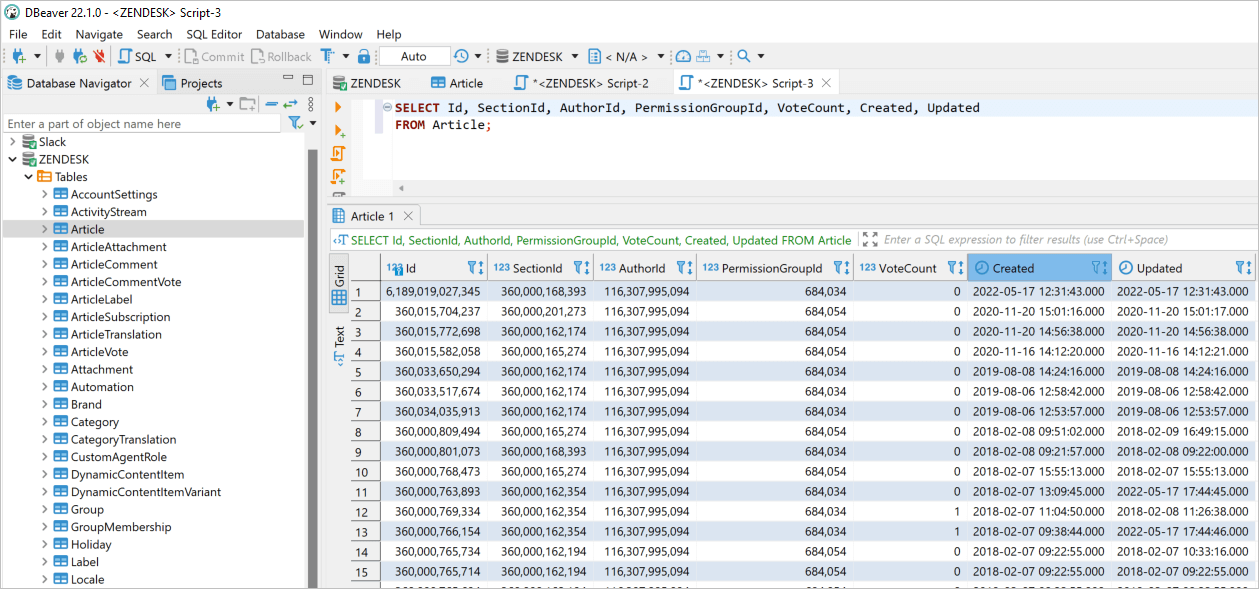 Execute SQL query in DBeaver against Zendesk database