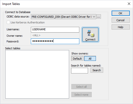 The Import Tables dialog with a selected data source and entered credentials.