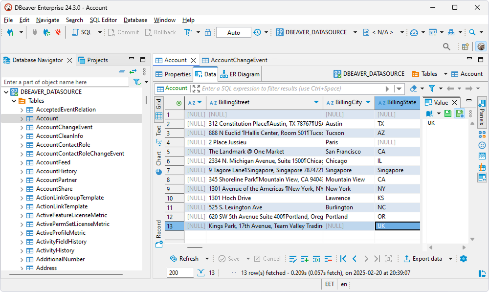 A table selected in Database Naviagtor and displayed on the Data tab