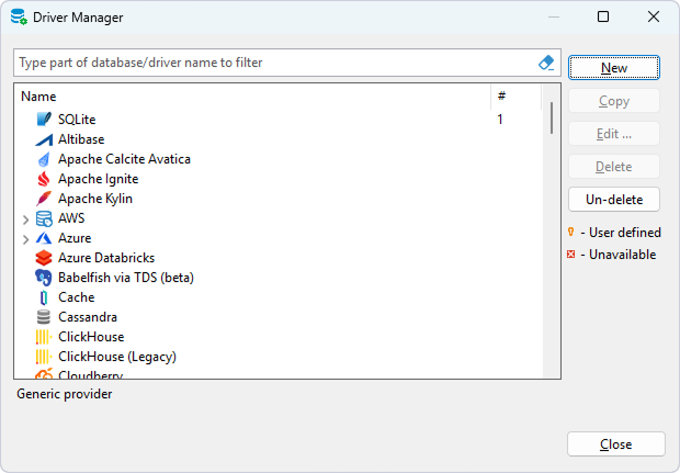 Select New in the Driver Manager dialog