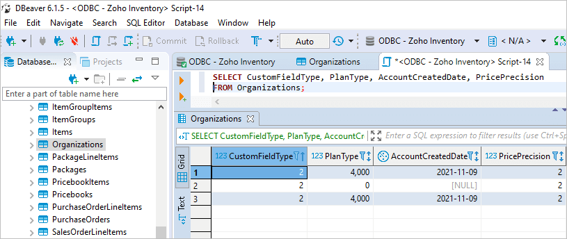 Execute SQL query in DBeaver against Zoho Inventory database
