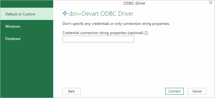 Excel ODBC custom connection string