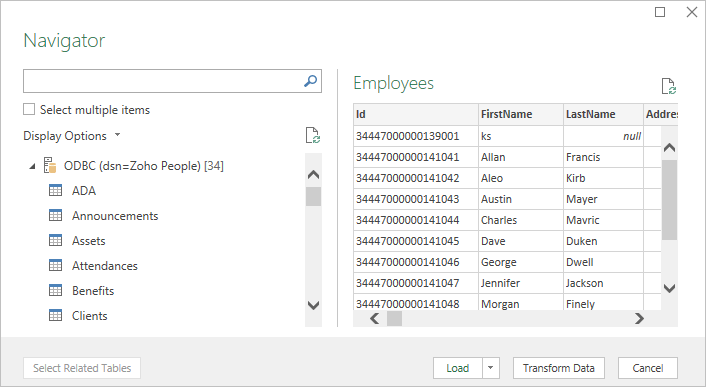 List of tables from ODBC data source