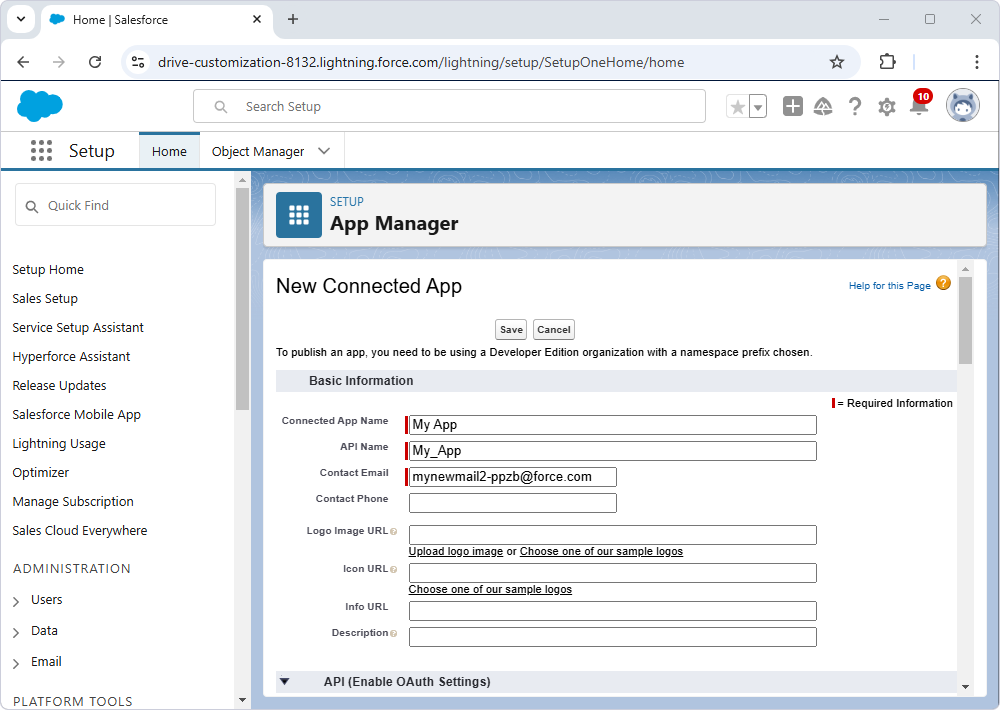 Configuring Basic Information for the new application in the App Manager