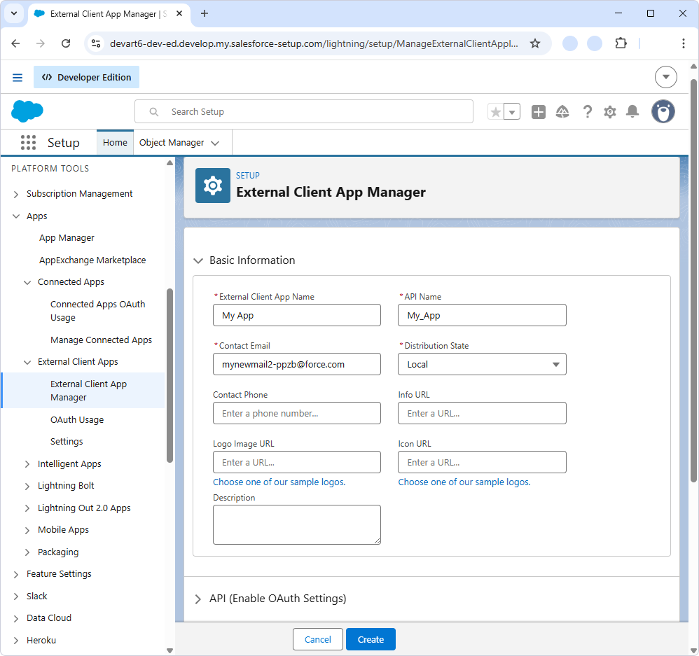 Specify basic information in the New External Client App Manager