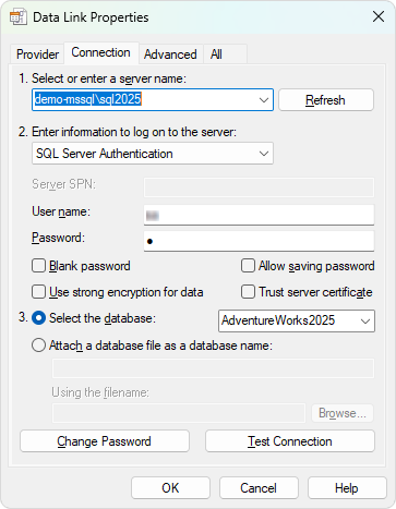 Data Link Properties - Connection Tab