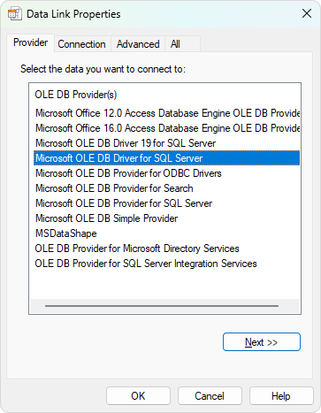 Data Link Properties - Provider Tab