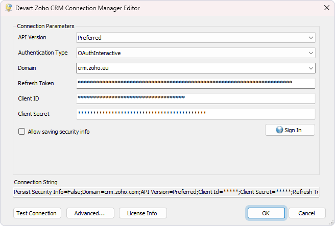 Zoho CRM Connection Manager Editor: Client credentials and refresh token filled in