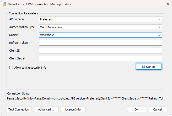 Zoho CRM Connection Manager Editor: Click Sign In