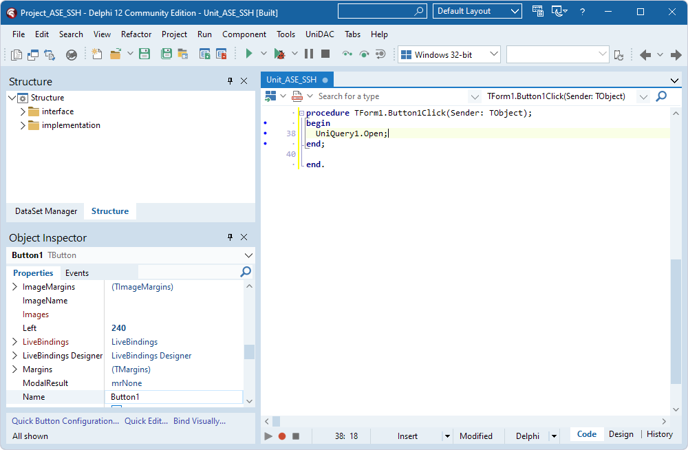 The UniQuery1.Open method call added to the TButton component.