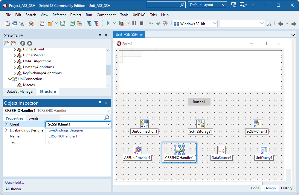 The TScSSHClient component assigned to the Client property in the TCRSSHIOHandler component.