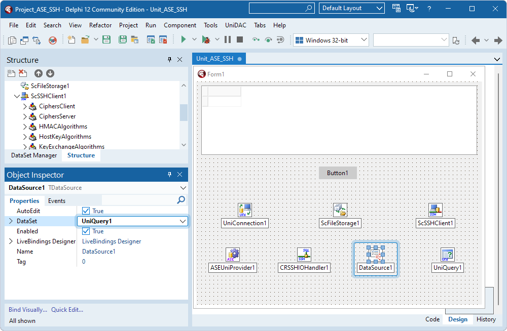 The TUniQuery component assigned to the DataSet property in the TDataSource component in the Object Inspector.