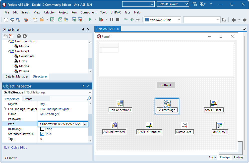 The TScFileStorage component with the specified Path.