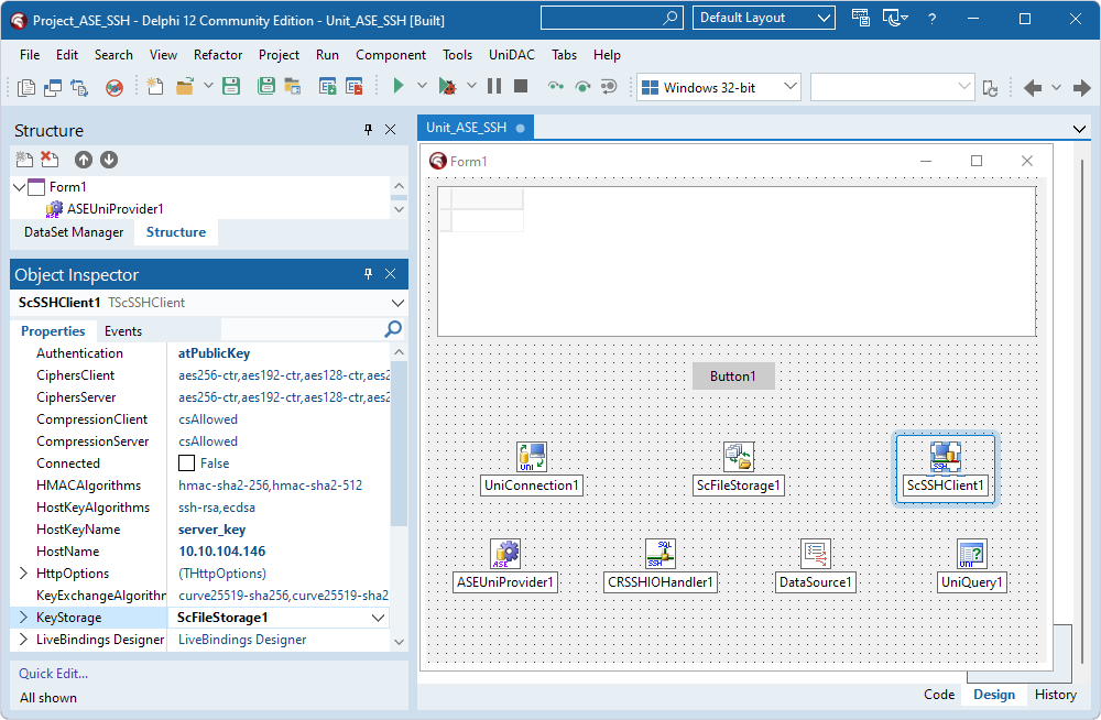 The TScSSHClient component with the specified properties in the Object Inspector.
