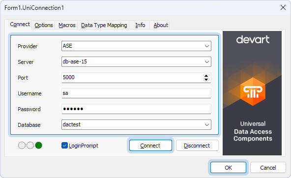 The TUniConnection component with the specified IOHandler property and ASE connection details.