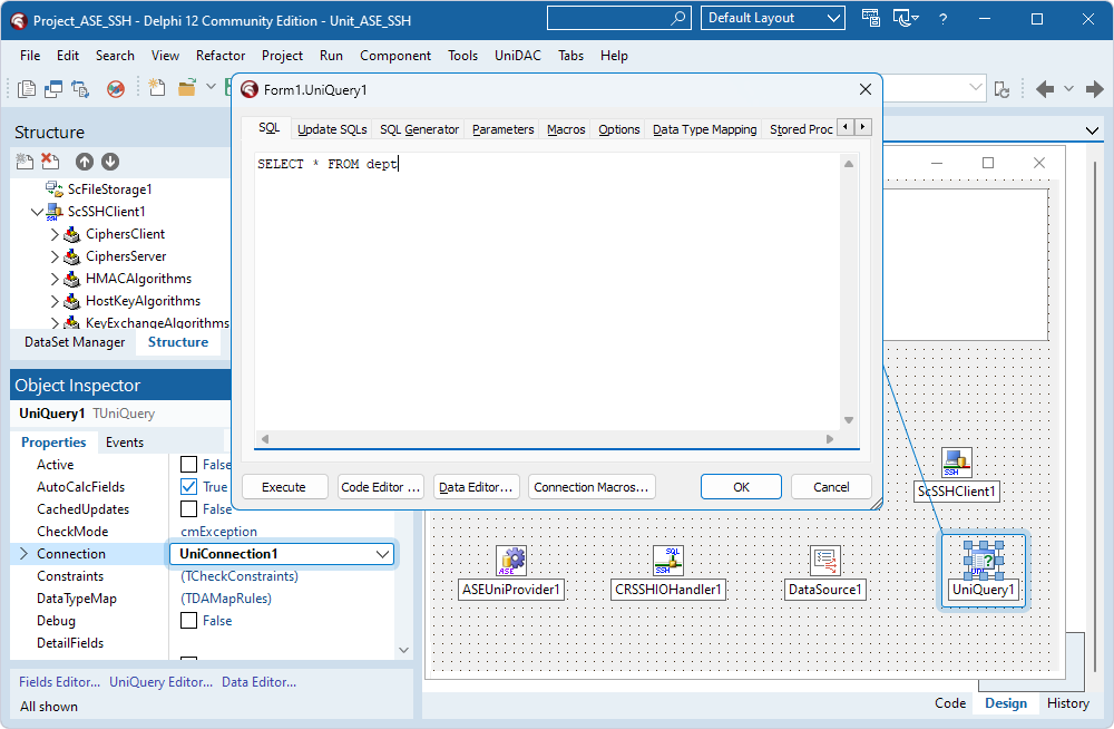 The TUniConnection component assigned to the Connection property and a SQL query in the TUniQuery component.