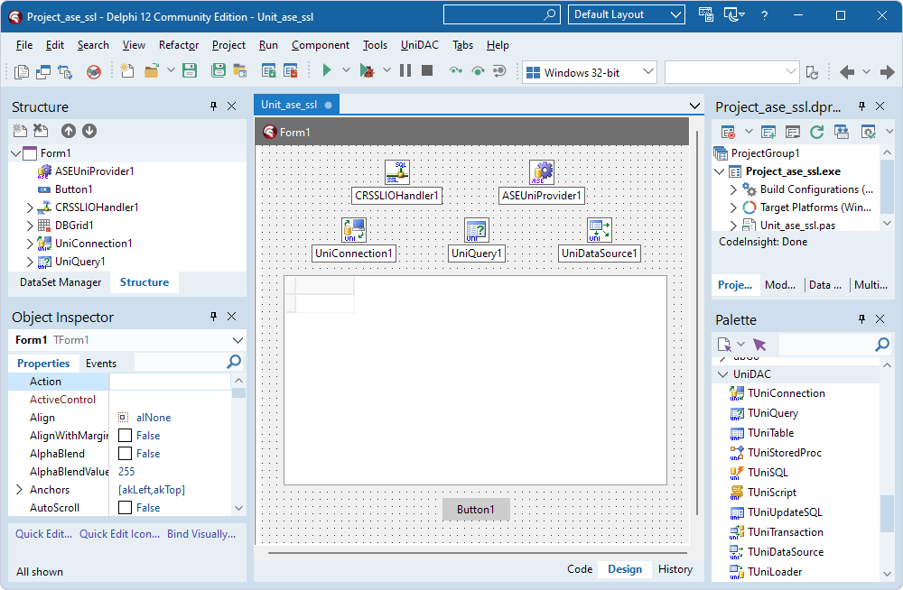 Components added to the form for an SSL connection to ASE in Delphi.