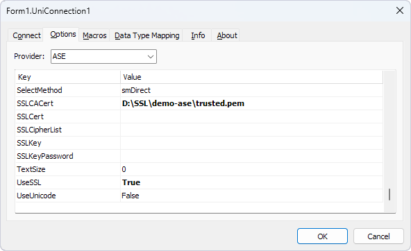 UniConnection options for the ASE provider in Delphi.
