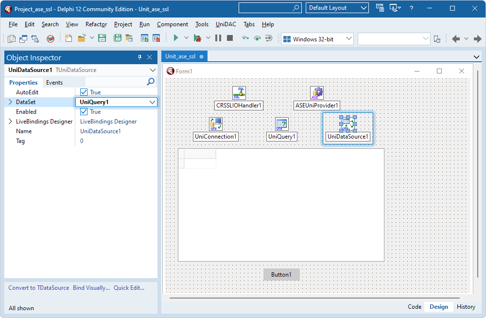 The TUniQuery component assigned to the DataSet property in the TUniDataSource component in the Object Inspector.