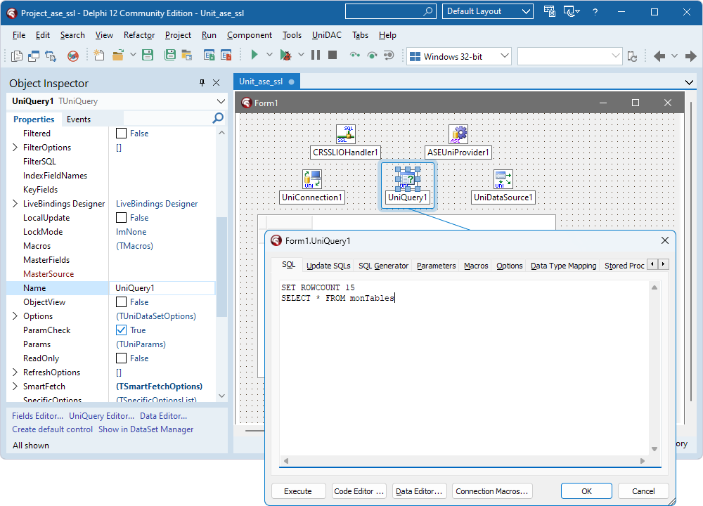 A SQL query added to the TUniQuery component.