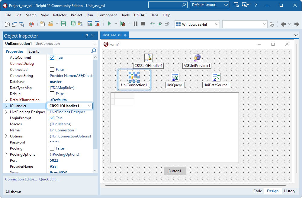 The TCRSSLIOHandler component assigned to the IOHandler property in the TUniConnection component in the Object Inspector.