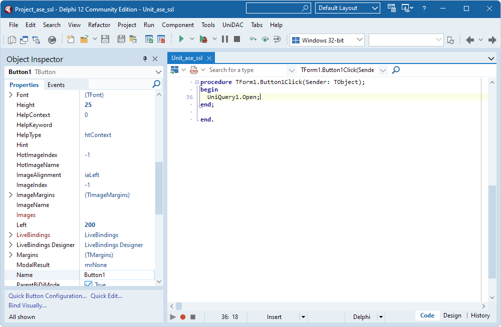 A created OnClick event for the TButton component.