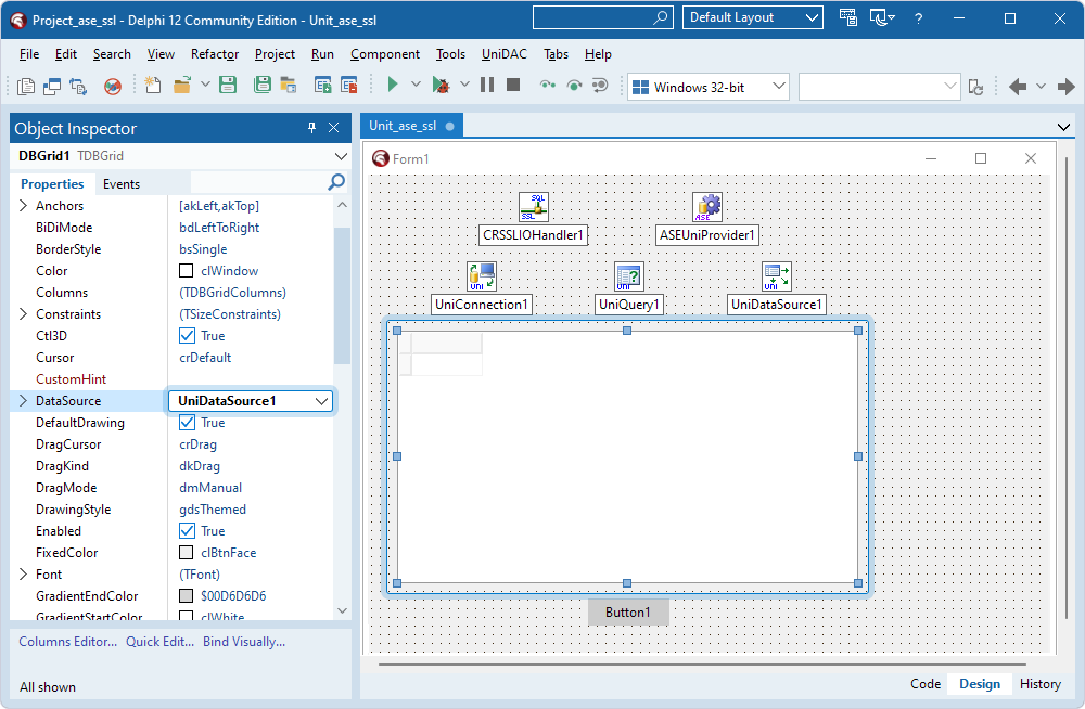 The TUniDataSource component assigned to the DataSource property in the TDBGrid component in the Object Inspector.