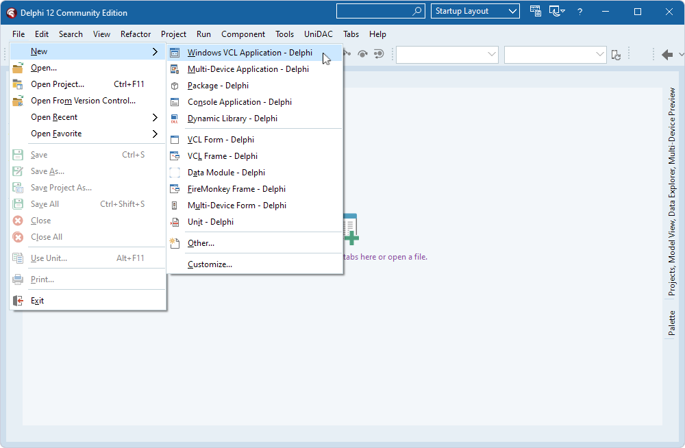 The extended File menu and New submenu in Delphi