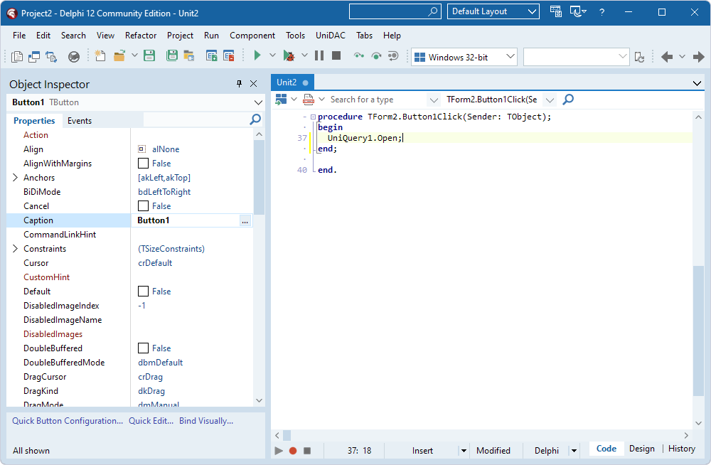 The UniQuery1.Open method call added to the TButton component