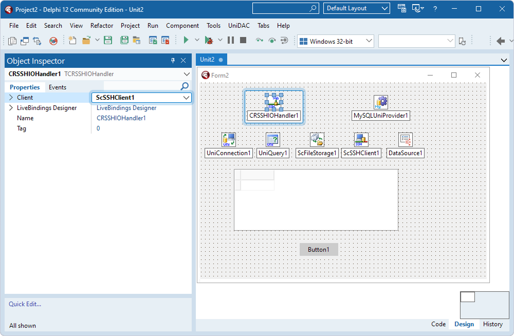 The TScSSHClient component assigned to the Client property in the TCRSSHIOHandler component