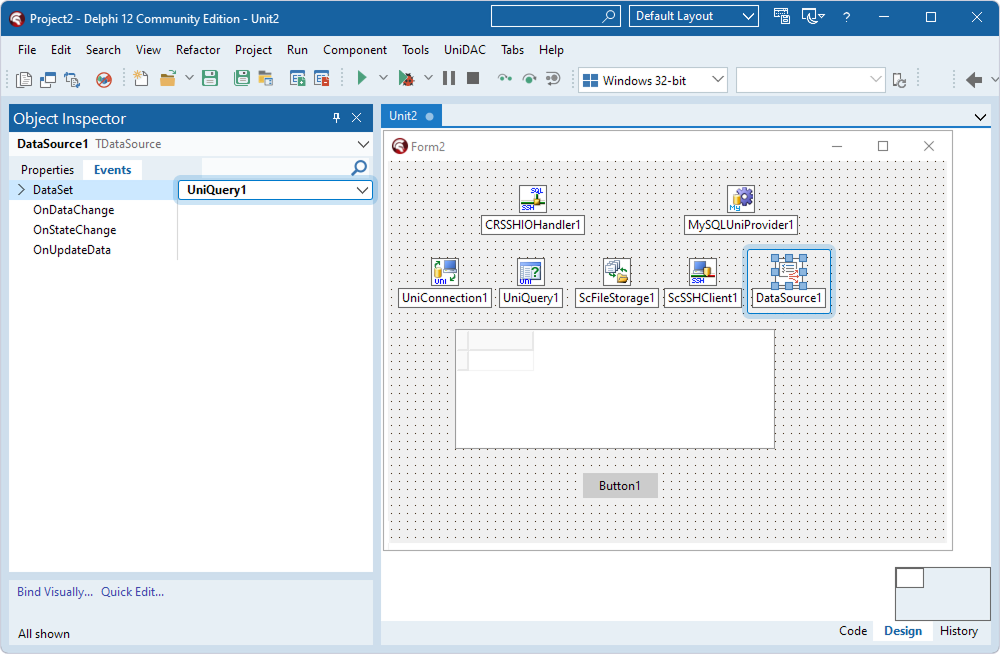 The TUniQuery component assigned to the DataSet property in the TDataSource component in Object Inspector
