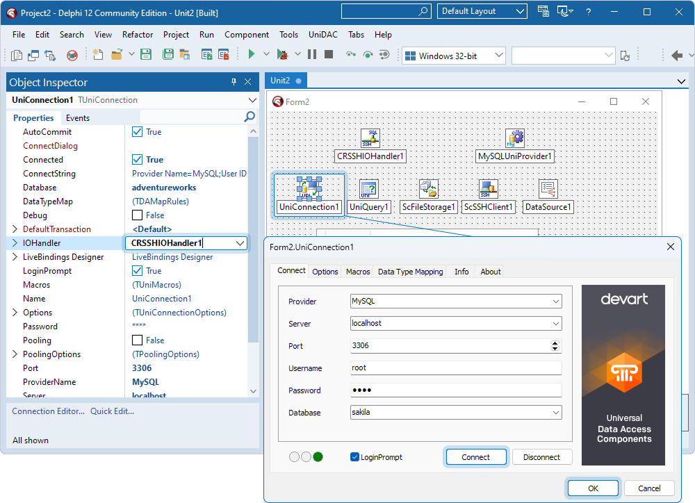 The TUniConnection component with the specified IOHandler property and MyCQL connection details