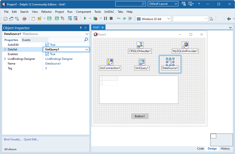 The TUniQuery component assigned to the DataSet property in the TDataSource component in Object Inspector