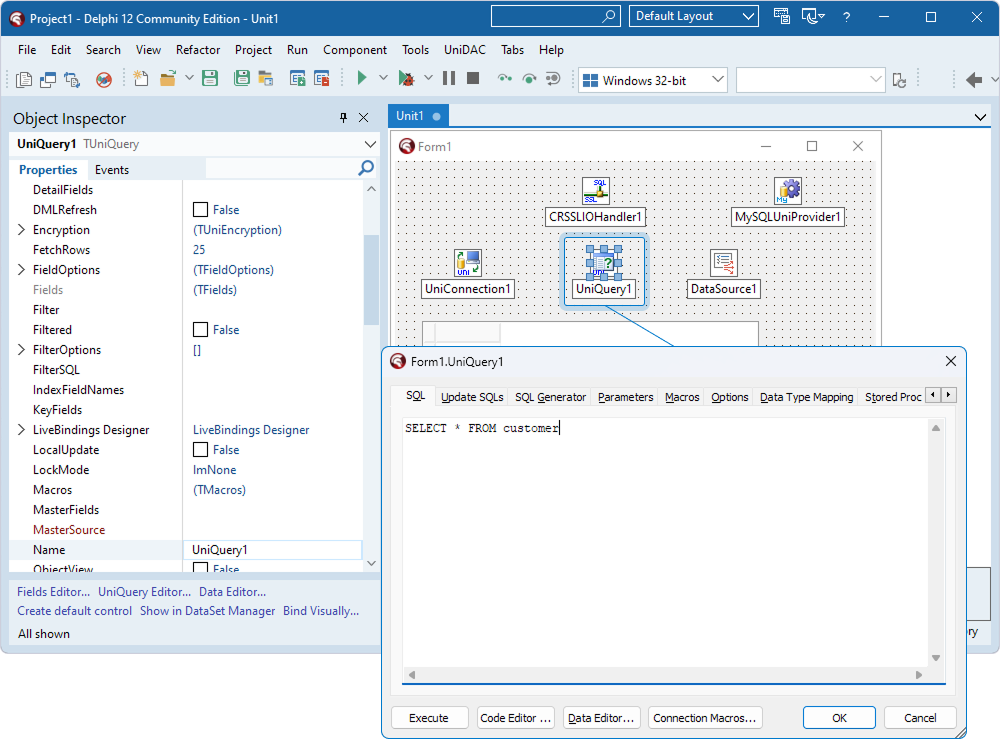 A SQL query added to the TUniQuery component