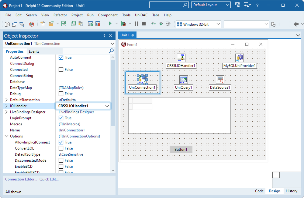 The TCRSSLIOHandler component assigned to the IOHandler property in the TUniConnection component in Object Inspector