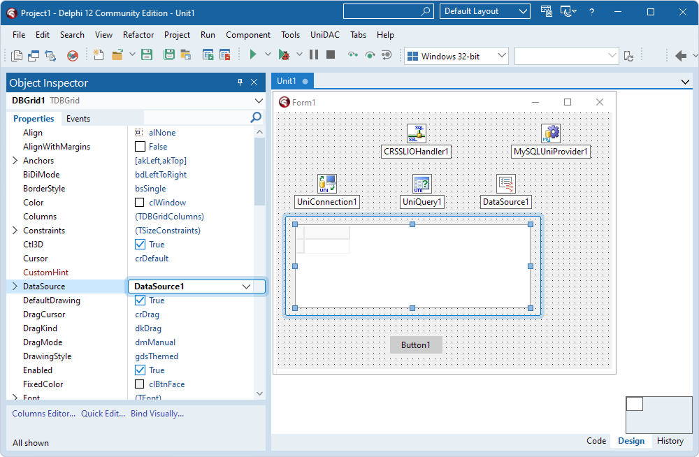 The TDataSource component assigned to the DataSource property in the TDBGrid component in Object Inspector