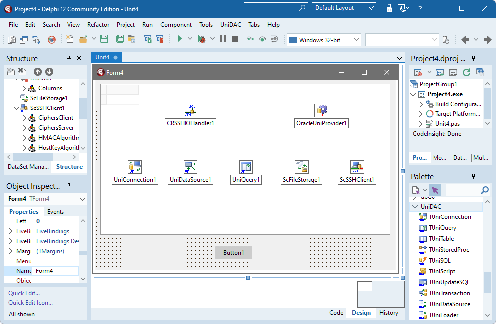 Components added to the form for an SSH connection to Oracle in Delphi.