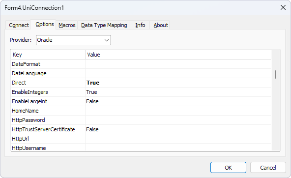 UniConnection options for the Oracle provider in Delphi.