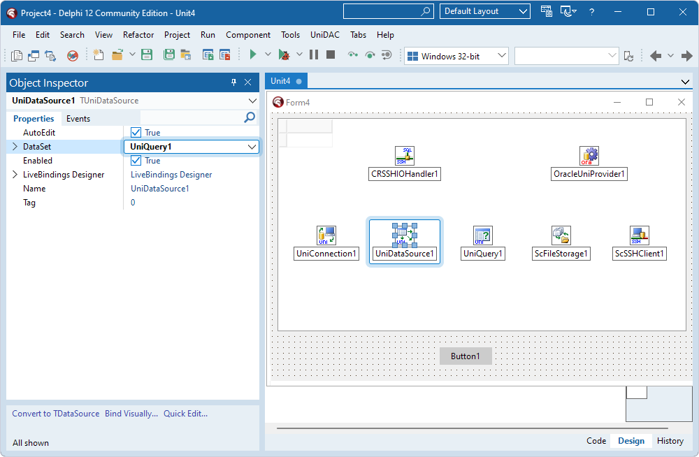 The TUniQuery component assigned to the DataSet property in the TUniDataSource component in the Object Inspector.