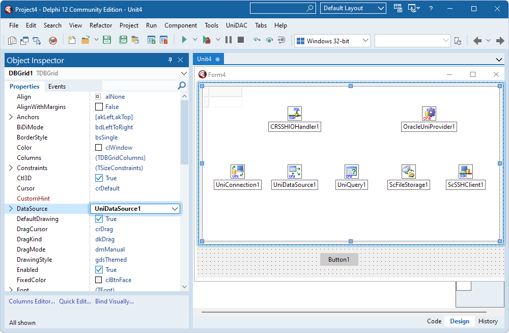 The TUniDataSource component assigned to the DataSource property in the TDBGrid component in the Object Inspector.